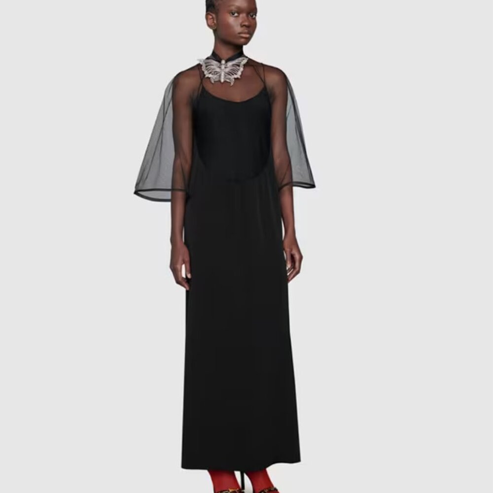 GUCCI DRESS BLACK VISCOSE SILK FAILLE MESH DETACHABLE SLIP sz IT 40 US 4 - Picture 4 of 15